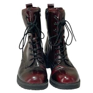 Womens Burgundy Patent Lace Up Combat Boots Side Zip‎ Lug Sole 7M *READ*